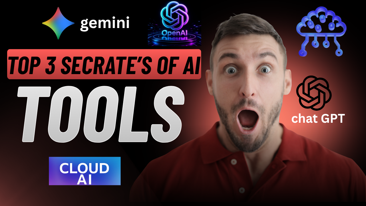 Thumbnail: Top 3 secrets of AI tools, with a surprised man and AI tool logos